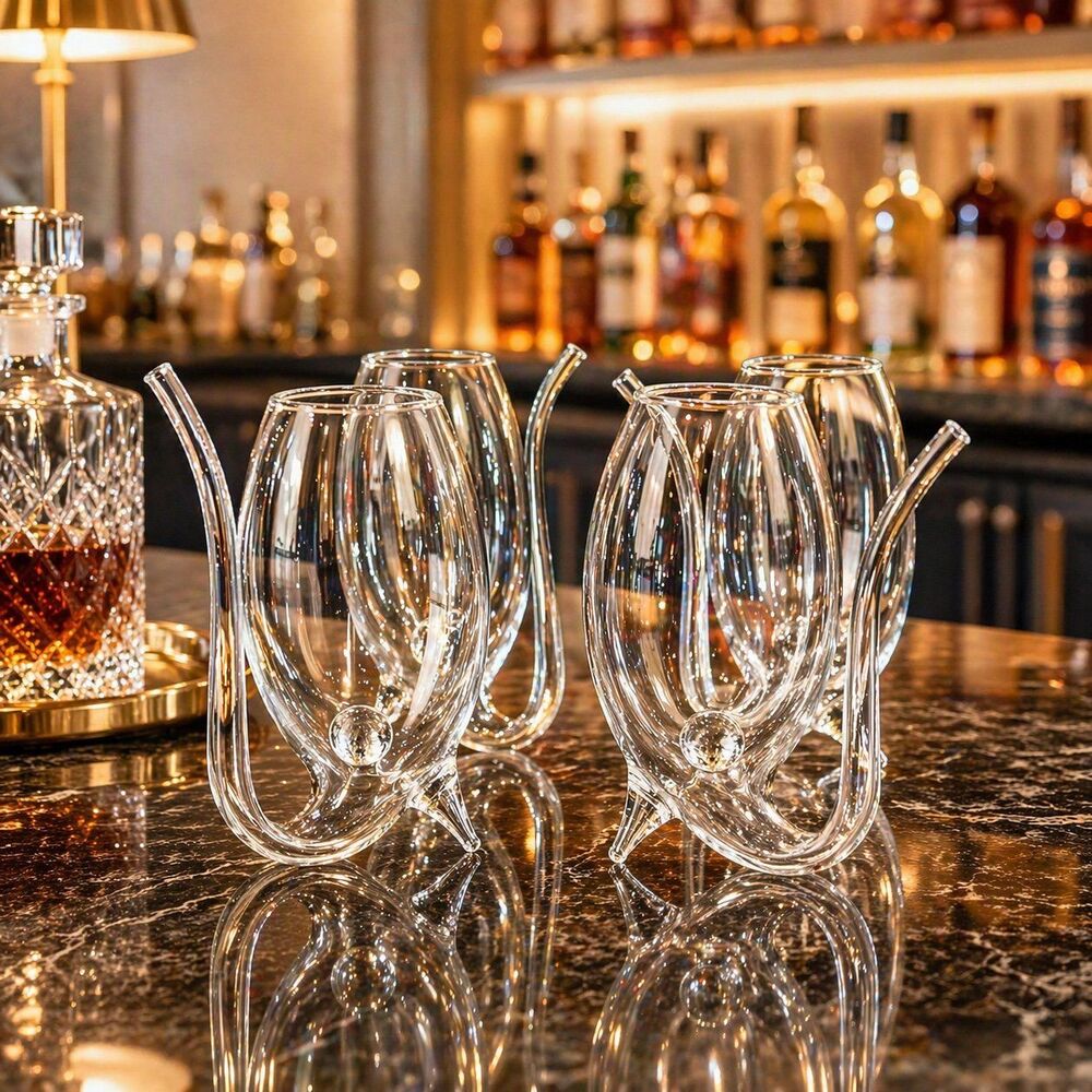 Porto Sippers by Oenophilia Set of 4 Hand-Blown Port Glasses with Built-in Straw